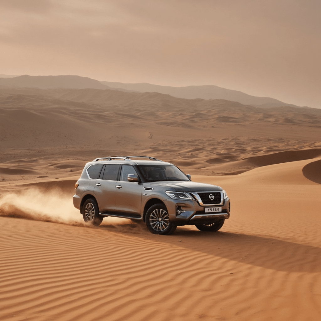 Nissan Patrol SUV driving through Dubai desert sand dunes