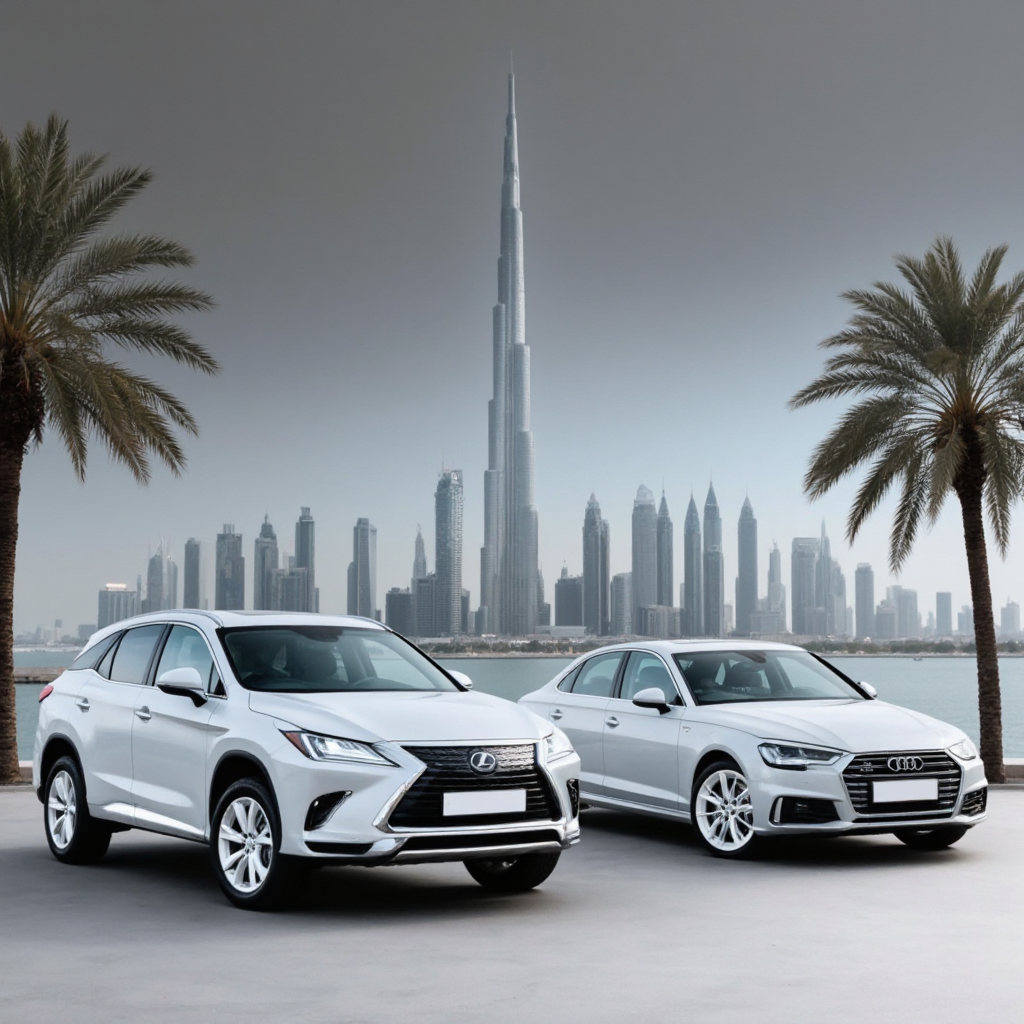 Best car rental options in Dubai – premium SUV and sedan parked with city view