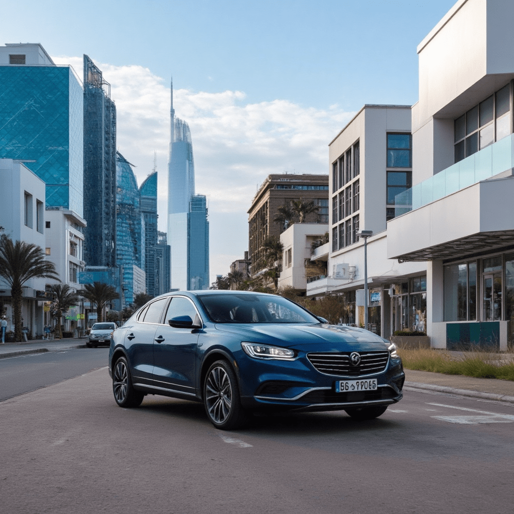 Car rental in Al Karama Dubai – stylish sedan on urban street with skyline view