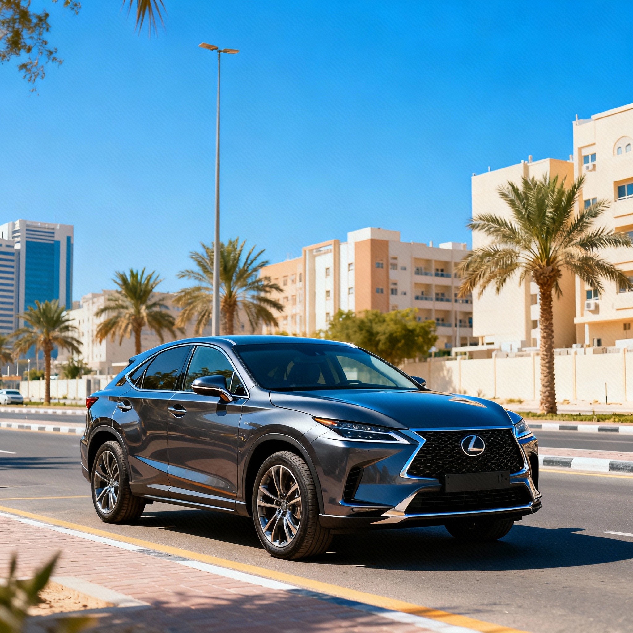 A modern rental car parked on a sunny street in Al Qusais, Dubai, representing convenient and affordable car rental services