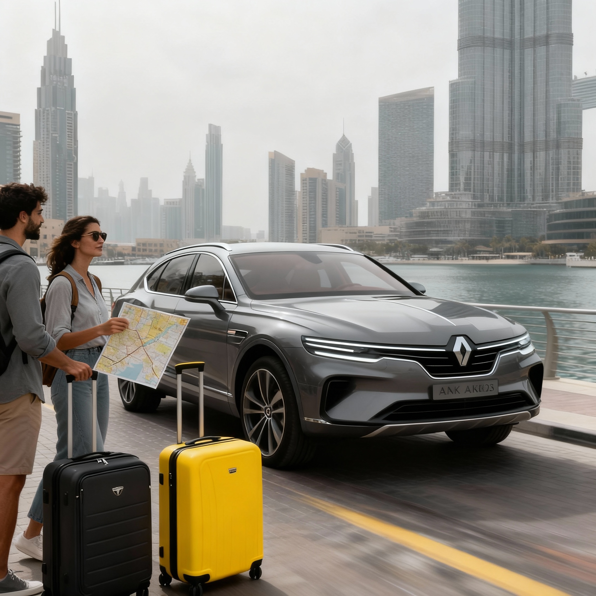 Travelers in Dubai standing with luggage near a rental car by Dubai Marina, representing convenience and flexibility when you Rent a Car Dubai