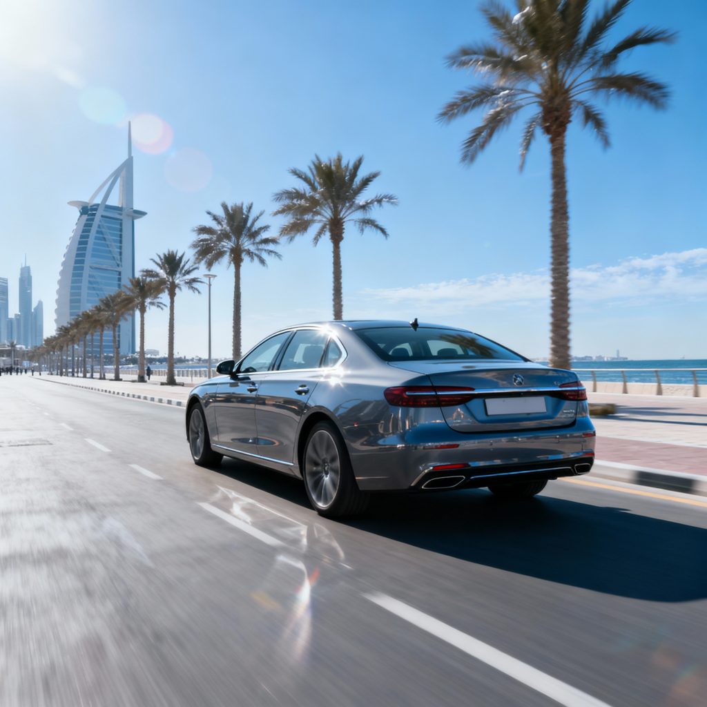 Tourist driving through Dubai during winter, exploring top destinations with a Dubai car rental
