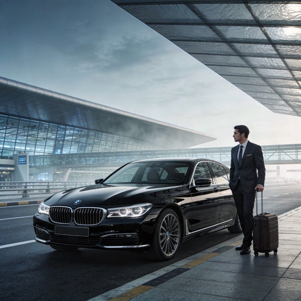 Rental car parked near Dubai International Airport, representing convenient rent a car Dubai services for travelers