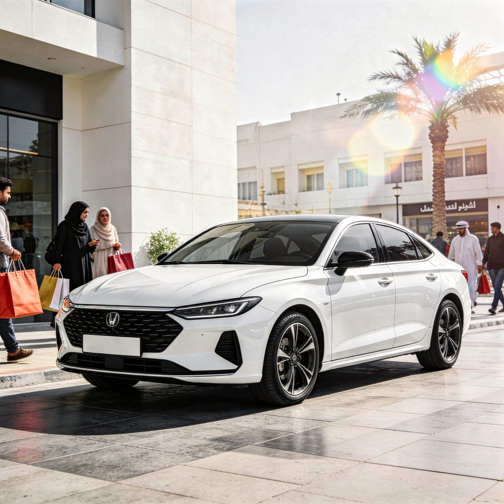 White rental car parked in Al Karama Dubai shopping area, ideal choice for Al Karama rent a car customers and city travel convenience