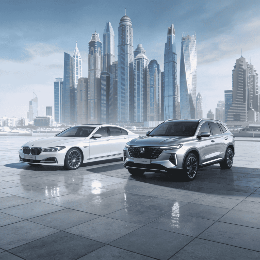 Compact car and SUV parked on a Dubai road, comparing options when you rent a car in Dubai