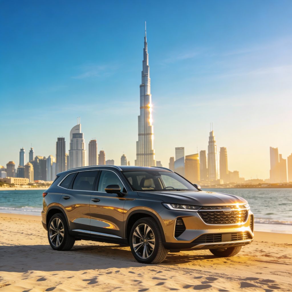Luxury SUV parked on a Dubai beach with city skyline in the background, representing long term rent a car Dubai offers.