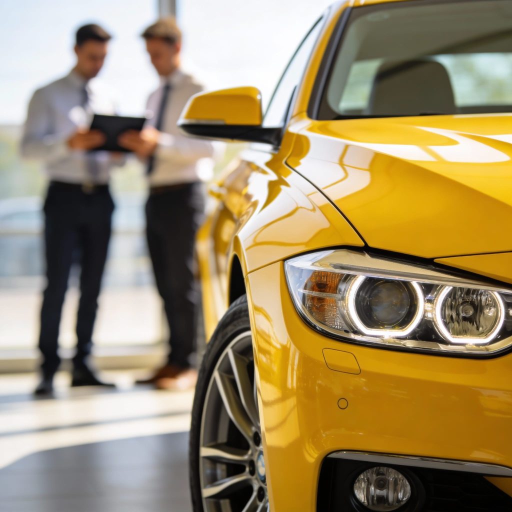 Customer consulting with a car rental advisor inside a modern showroom, featuring a yellow sedan in the foreground and vehicles on display in the background.