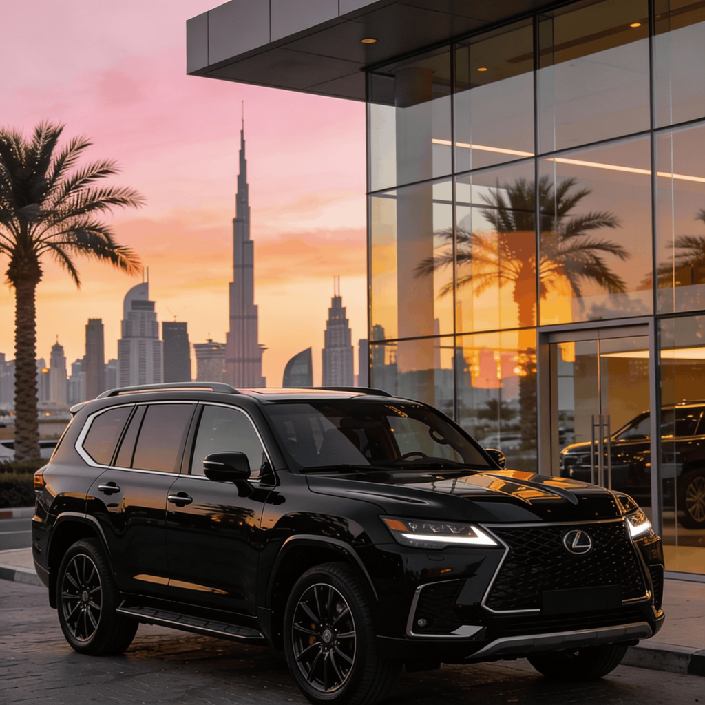 Luxury SUV parked outside a Dubai car rental showroom, representing premium car hire Dubai and high-end rental services.