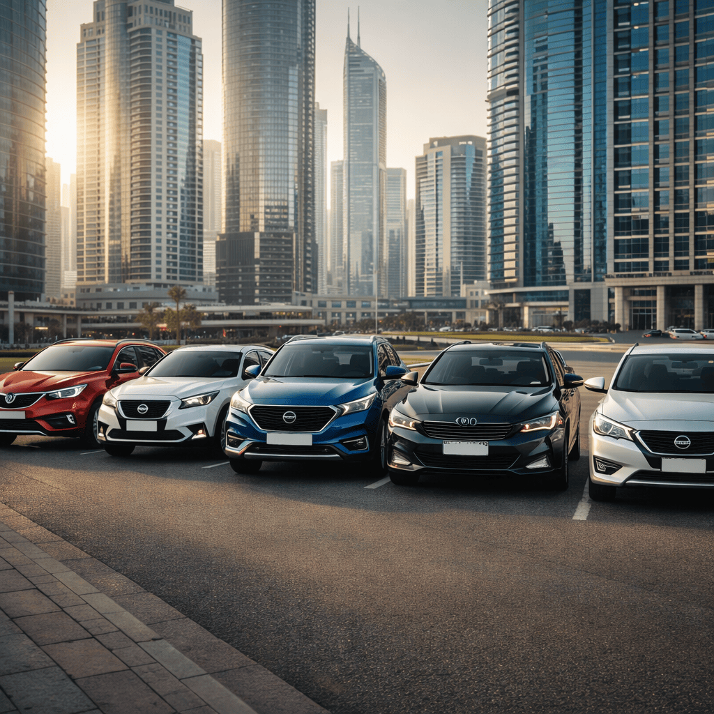 Fuel-efficient Dubai car rental options including Renault Arkana, Nissan KICKS, MG ZS, KIA K5, and Nissan Sunny in city setting