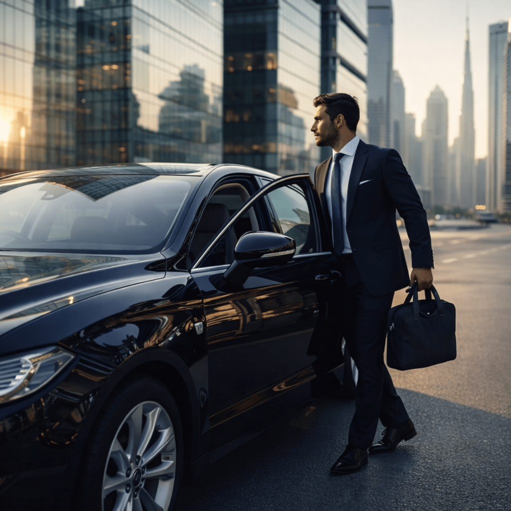 Professional using car rental UAE service for daily office commute in Dubai with modern city skyline background
