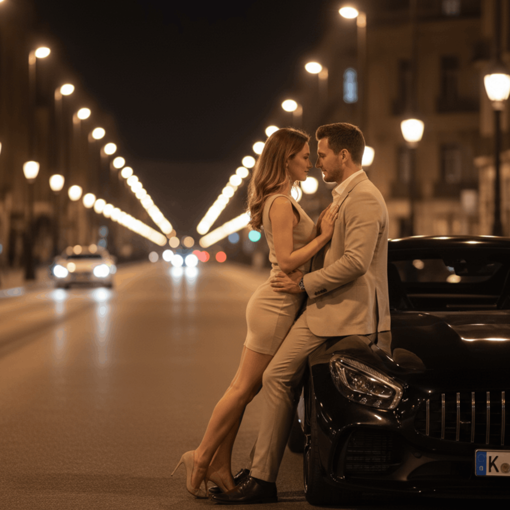 Couple enjoying a luxury car rental experience in Dubai with skyline view, representing best car rental in Dubai for couples