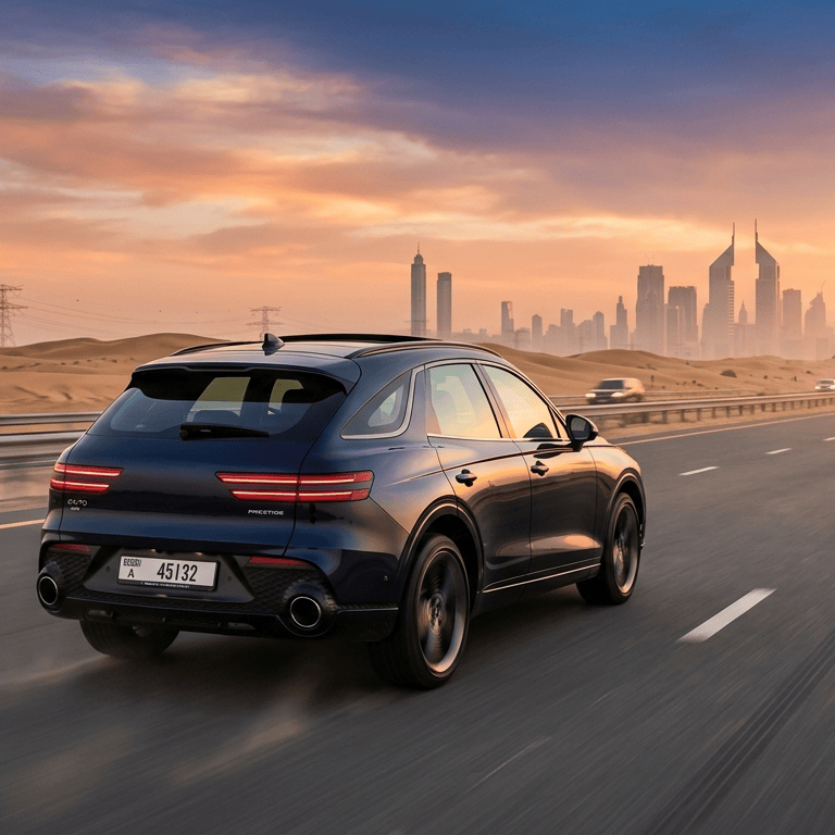Best car rental Dubai dark blue luxury SUV driving on desert highway with iconic Dubai skyline at sunset