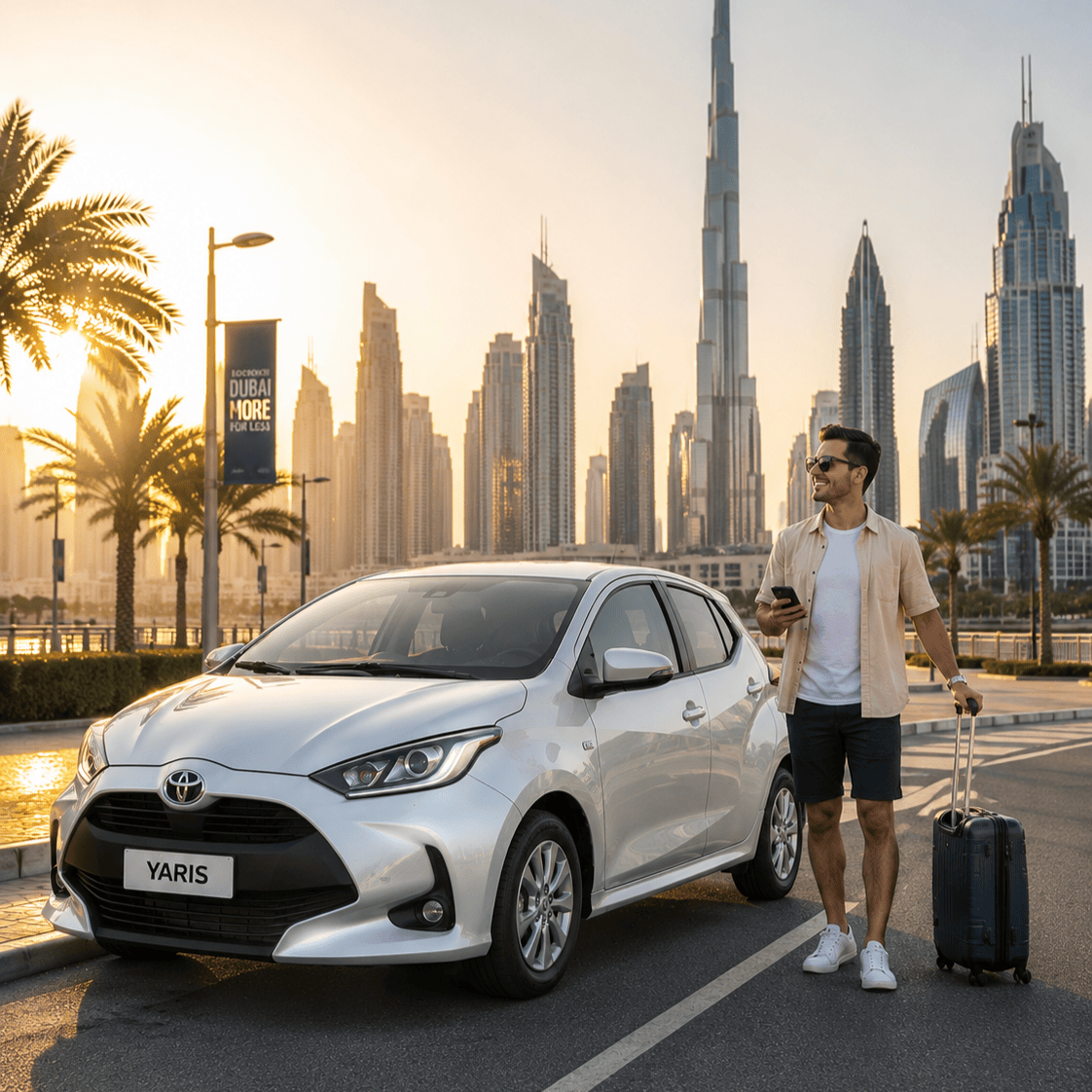 White Toyota Yaris parked in Dubai with Burj Khalifa in background — best car to rent Toyota Yaris Dubai for budget travelers