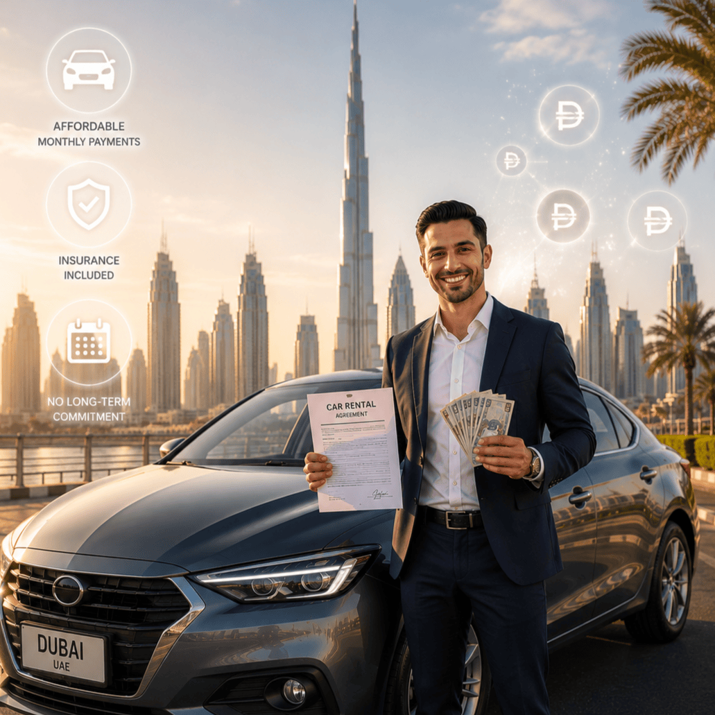 Close-up of a monthly car rental contract on a desk with car keys and UAE dirhams beside it