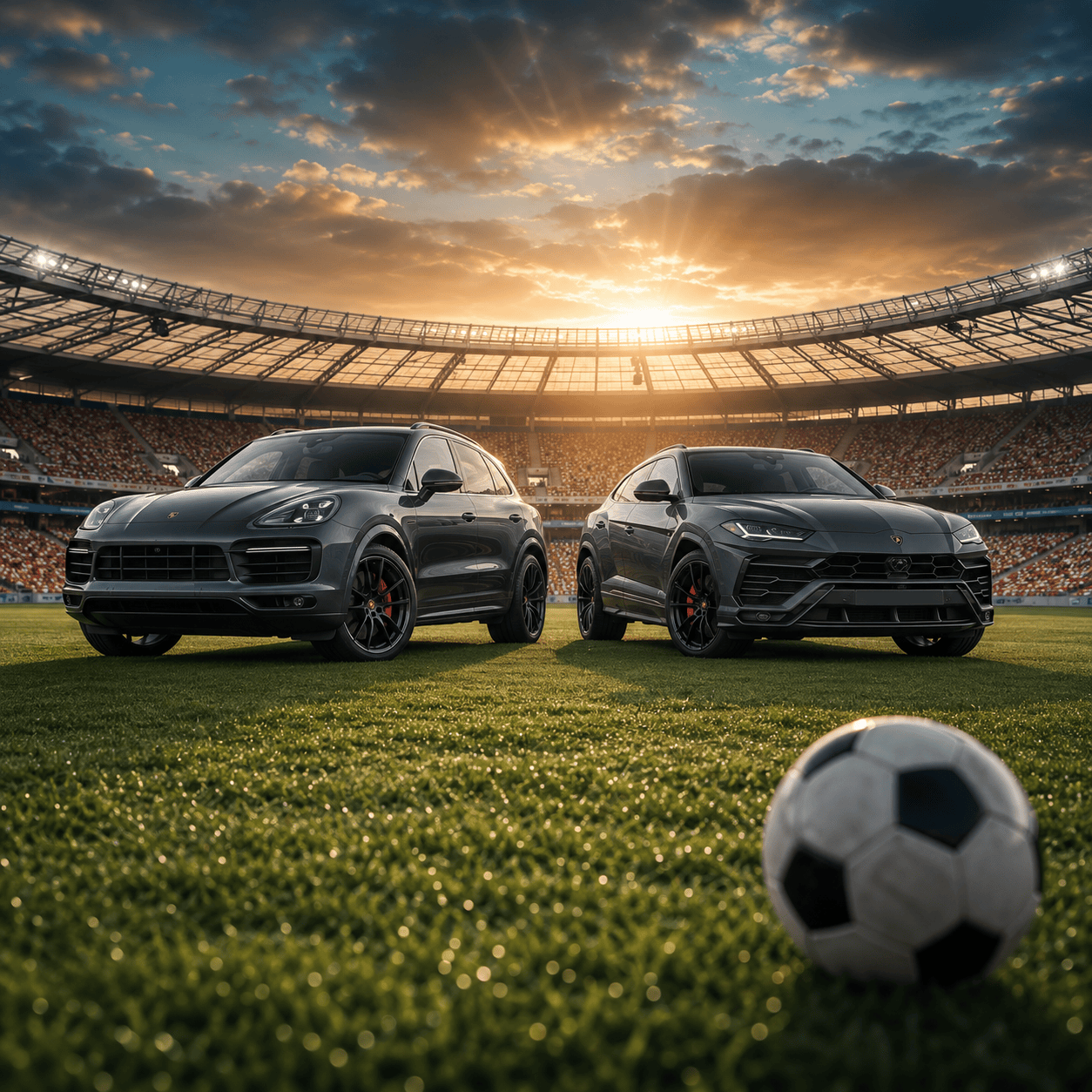 Two premium dark grey SUVs on a football stadium pitch — top car rental UAE fleet vehicles for Dubai drivers and tourists