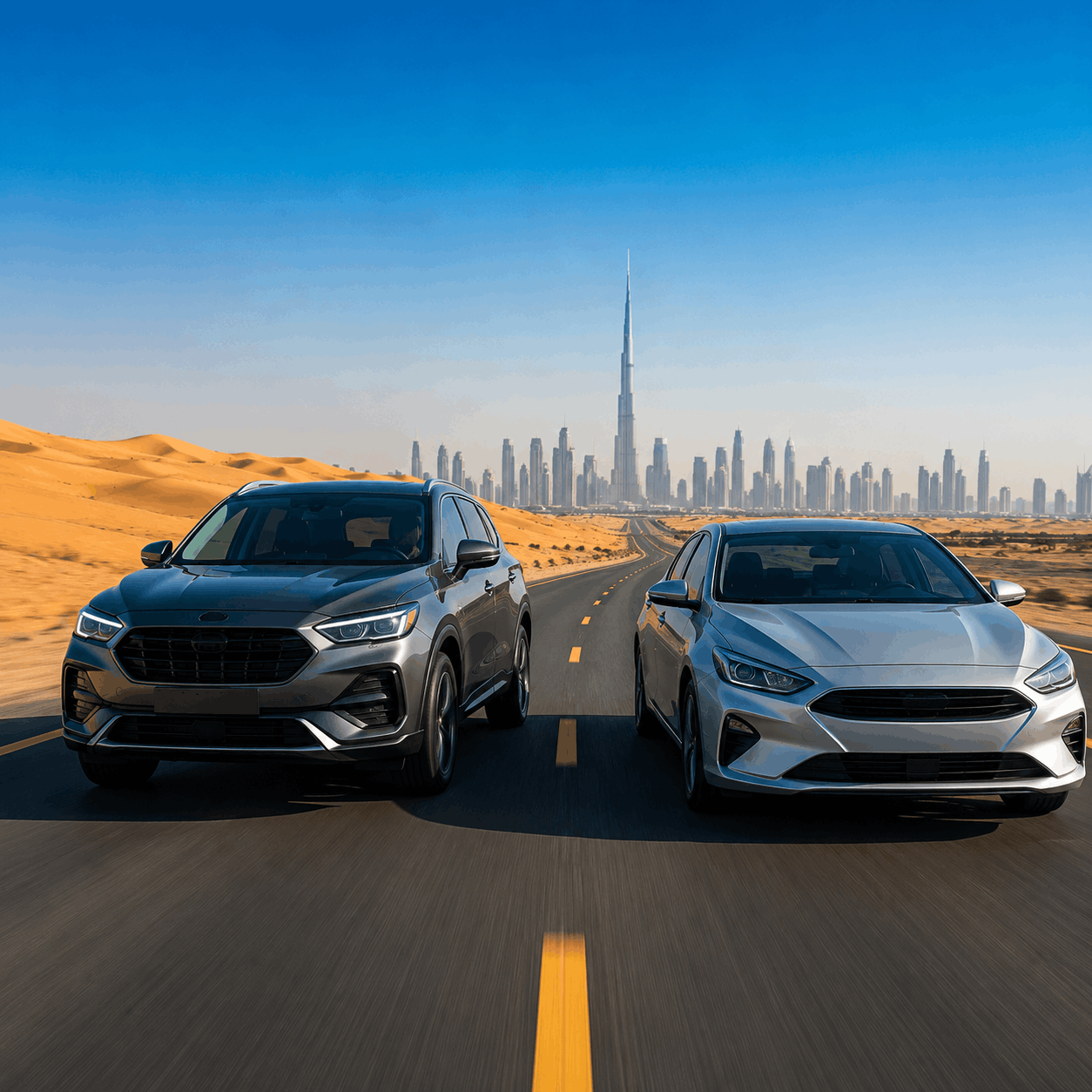 two compact economy cars — white hatchback and silver sedan — driving on UAE desert highway? Long Term Car Rental UAE