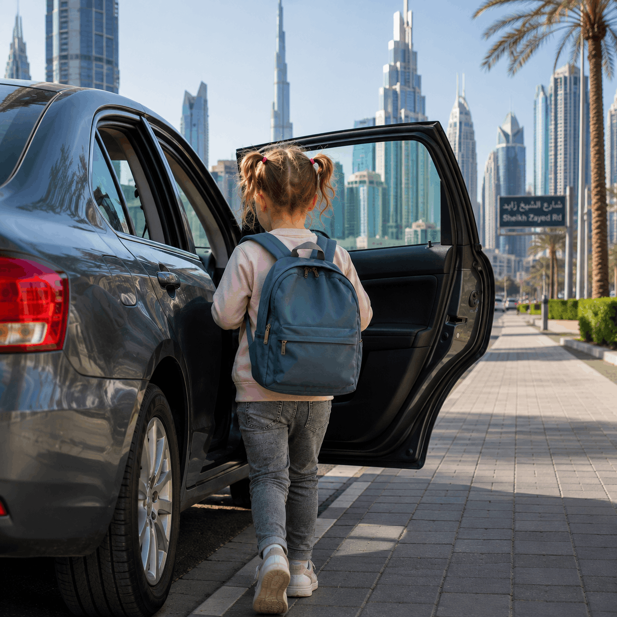 Girl with backpack and pigtails entering a car in Dubai: rent a car Dubai