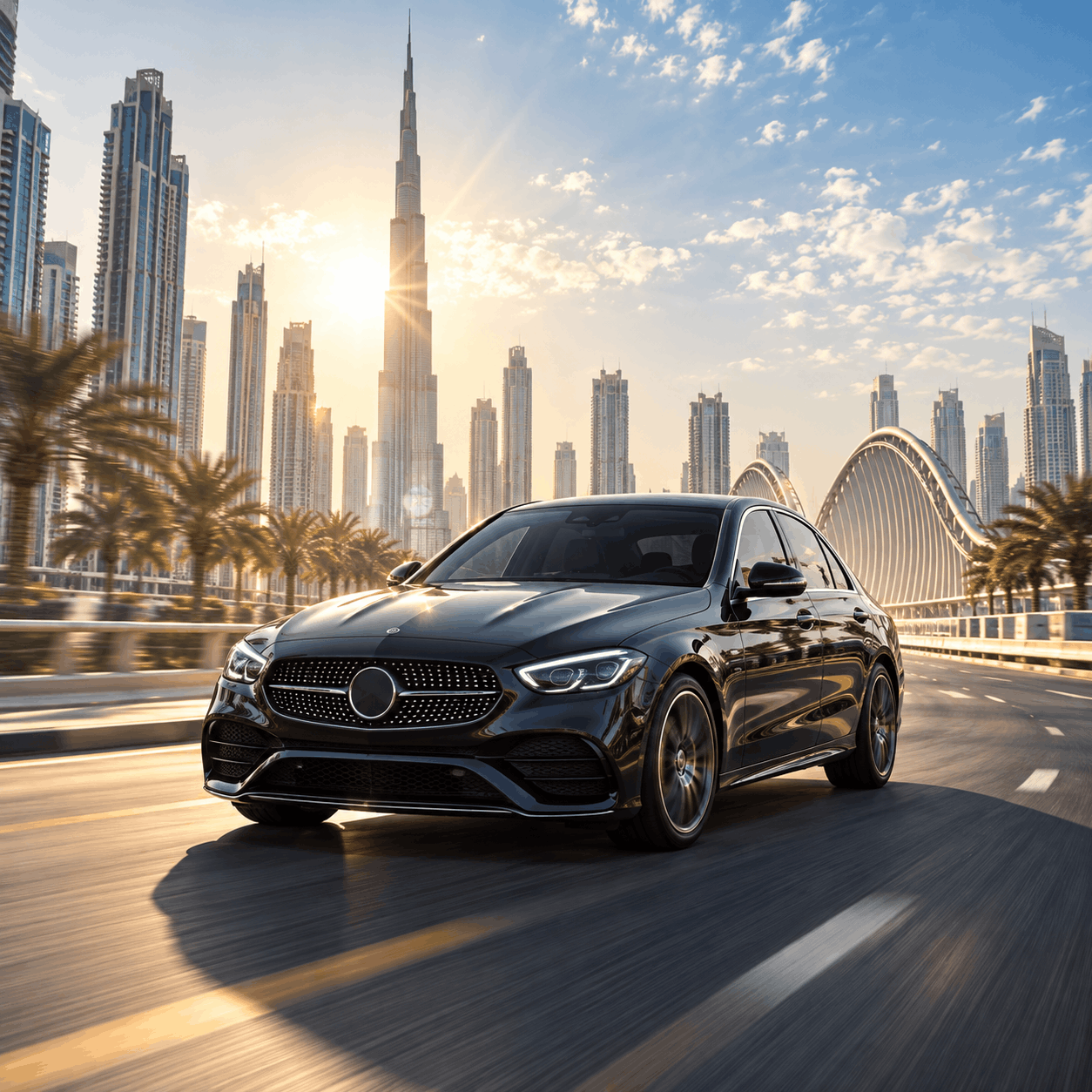 Black premium sedan in motion on wide Dubai urban road